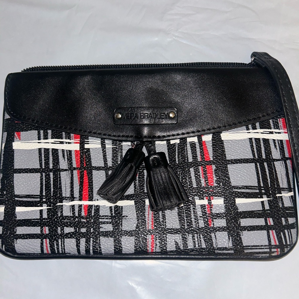 Vera Bradley Black Leather with Red, White  and Gray Plaid Design (Lg)Wristlet